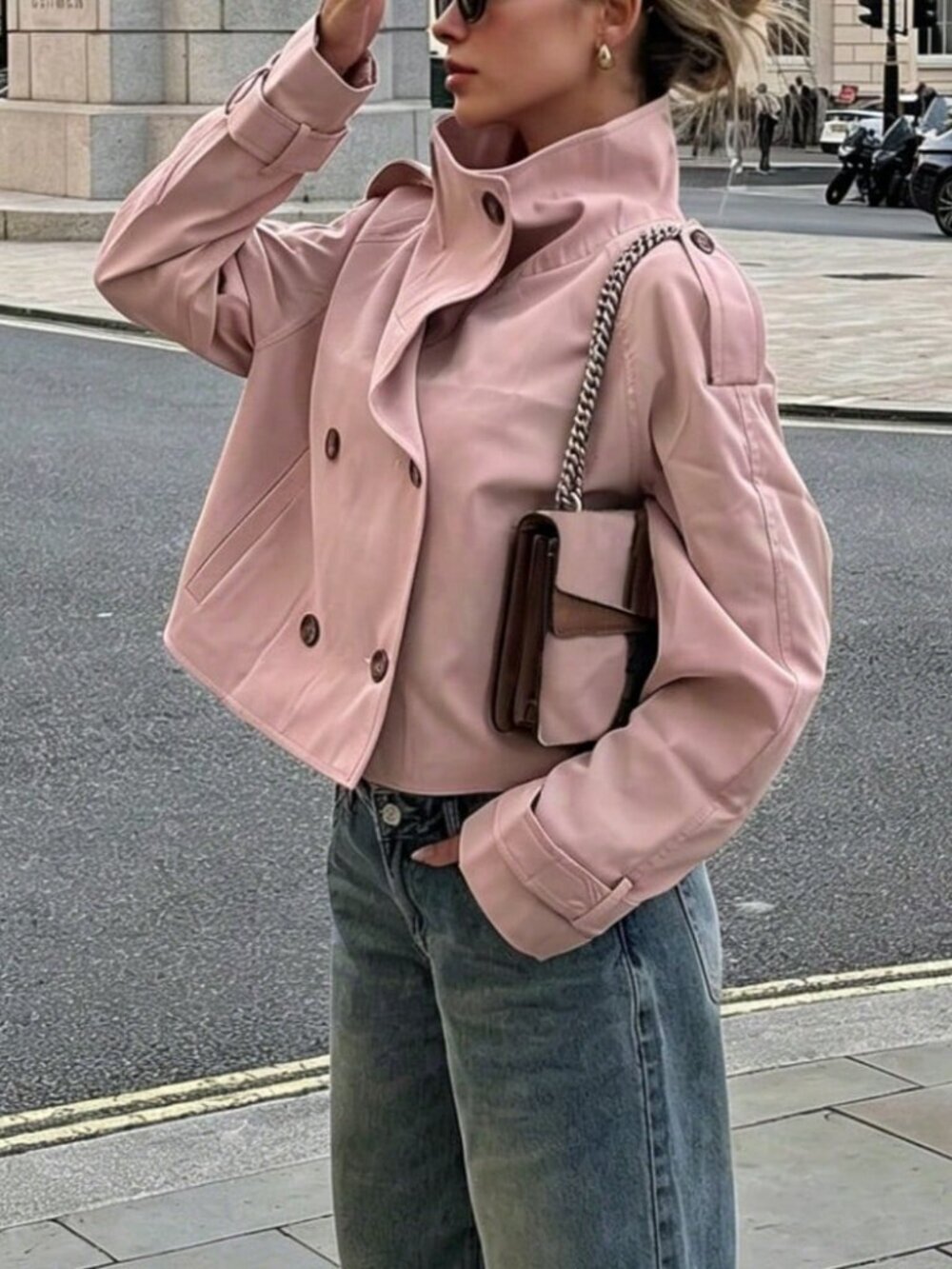 Pink Casual Women's Double-Breasted Long Sleeve Jacket